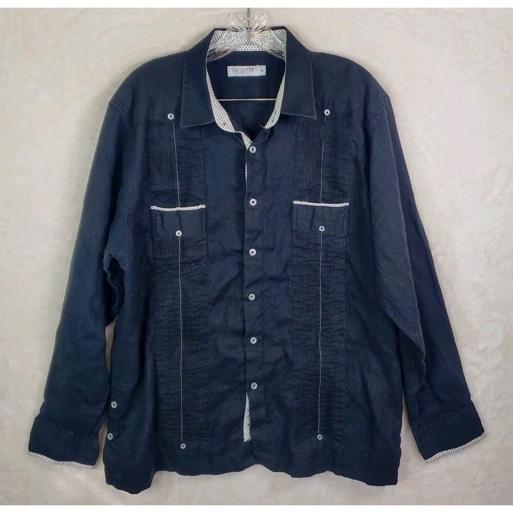 Mojito 100% Linen Shirt Mens XL Black Pleats Guayabera Midweight Party Social